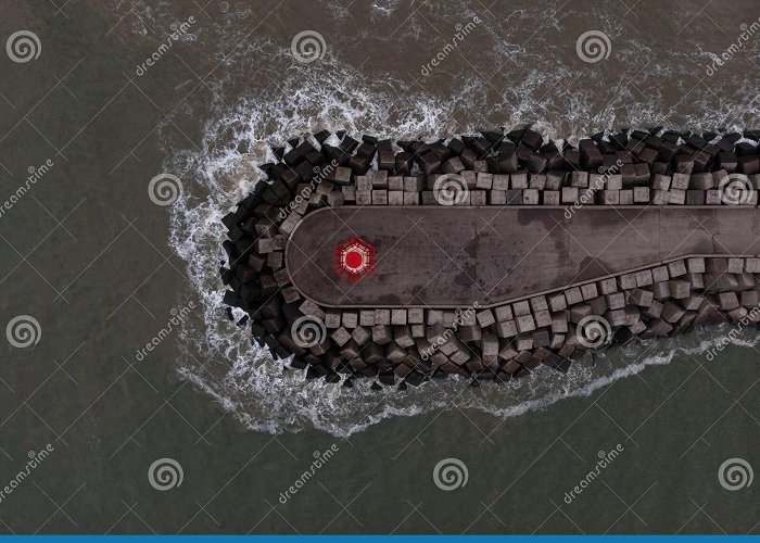 Lighthouse Scheveningen Aerial Panorama View of Breakwater Wavebreaker Dam with Red ... photo